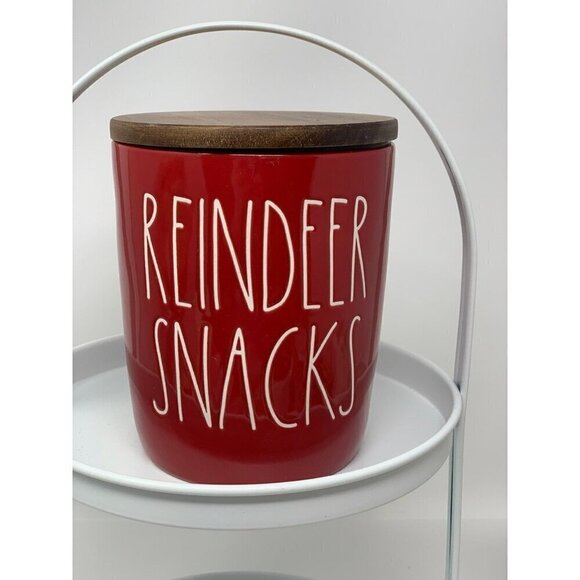 Rae Dunn Reindeer Snacks Cellar Canister Red Wood Lid Kitchen Christmas Holiday - Picture 9 of 9